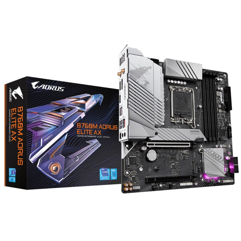 GIGABYTE B760M AORUS ELITE AX LGA 1700 DDR5 Motherboard – Micro‑ATX, Twin 12+1+1 VRM, PCIe 4.0, Dual M.2, Wi‑Fi 6E, 2.5GbE LAN