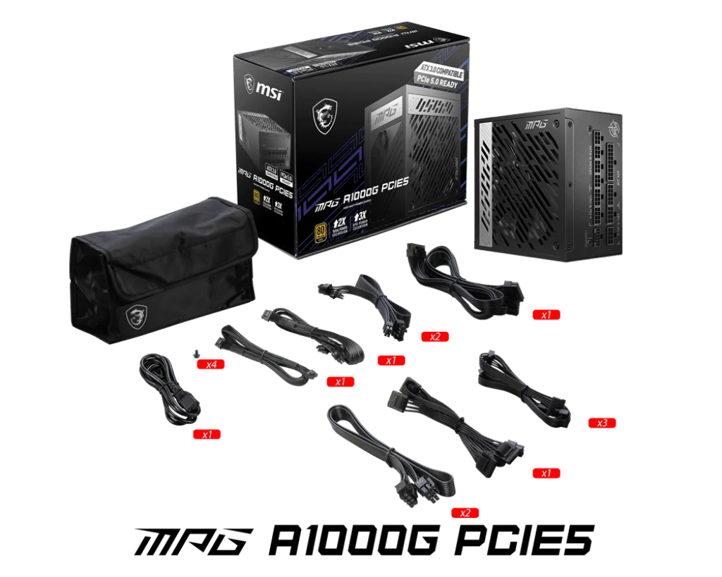 MSI MPG A1000G PCIE5 Power Supply, 1000W, Fully Modular, 80 Plus Gold Certified, PCIe 5.0 Ready, ATX, Silent Fan, Flat Cables – Black