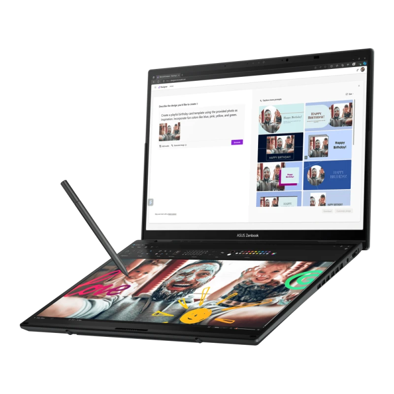 ASUS Zenbook DUO OLED – Core Ultra 7 155H, 16GB RAM, 1TB SSD, Dual 14” OLED Touch, Win11, Eng-Arab K/B – Grey + Stylus & Sleeve (UX8406MA-OLEDI7IG)