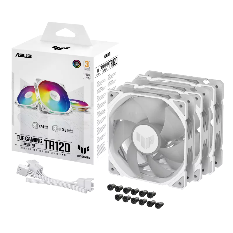 TUF Gaming TR120 ARGB Chassis Fan Triple Pack (White), 120mm, PWM Control, Aura Sync, 2000 RPM, 28mm Frame, High Performance Cooling | 90DA0093-B09020
