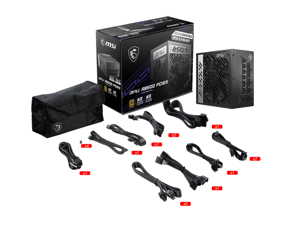 MSI MPG A850G PCIE5 Power Supply, 850W, Fully Modular, 80 Plus Gold, PCIe Gen 5.0 Ready, ATX 3.0, FDB Fan, Flat Cables – Black