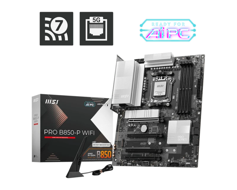 MSI PRO B850-P WiFi ATX Motherboard – AMD B850 AM5, DDR5 up to 256GB, 4x PCIe x16, 3x M.2 NVMe, Wi-Fi 7, Bluetooth, Model 911-7E56-002