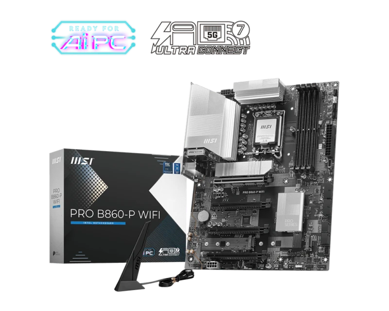 MSI PRO B860-P ATX Motherboard, Intel B860 LGA 1851, 4x DDR5 Slots up to 256GB, 4x PCIe x16, 3x M.2 NVMe, WiFi 7 & Bluetooth, Model 911-7E41-002