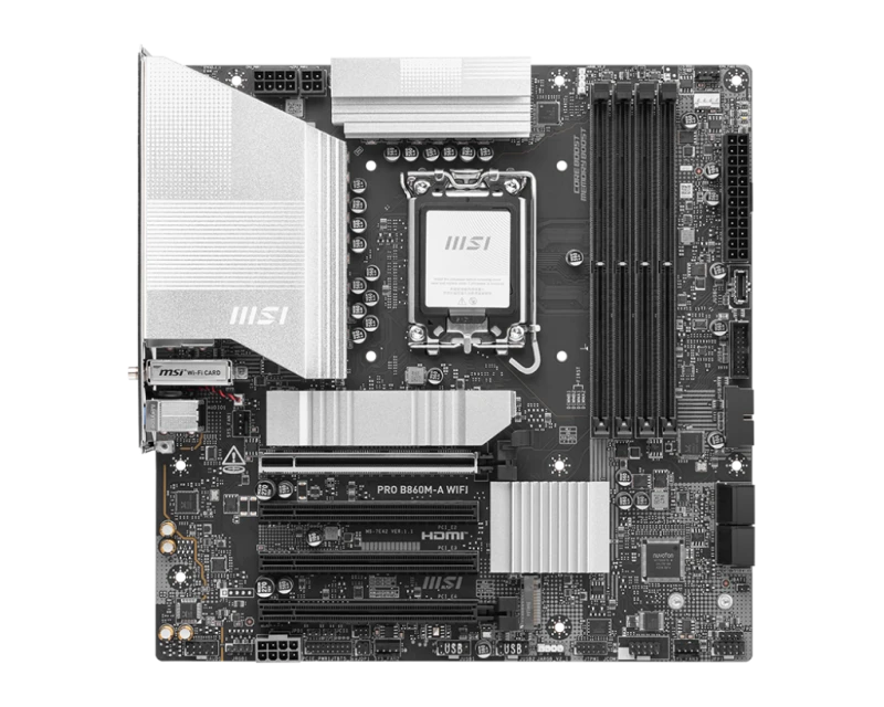 MSI PRO B860M-A Wi-Fi Micro-ATX Motherboard, Intel B860 LGA 1851, DDR5 256GB, PCIe 5.0 x16, 3x M.2, Thunderbolt 4, Wi-Fi 7, 5G LAN