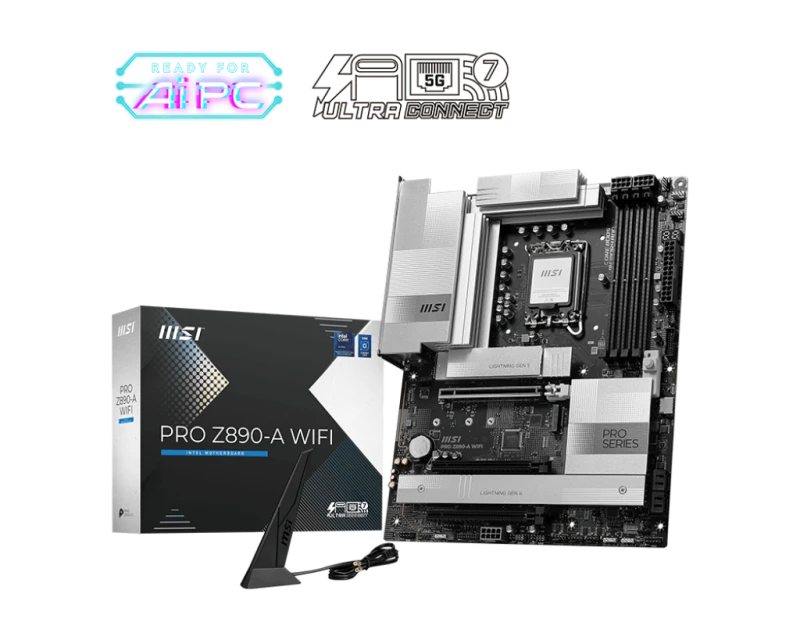 MSI PRO Z890-A WiFi Motherboard, LGA 1851, Intel Z890 Chipset, DDR5 256GB 8000MT/s, PCIe 5.0 x16, 4x M.2 Gen4, Wi-Fi 7, 2.5G LAN, ATX