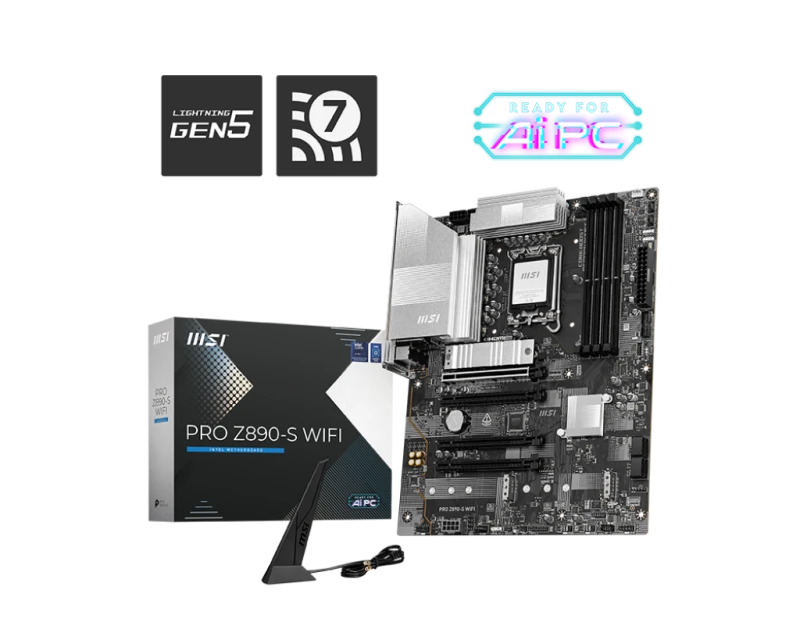 MSI PRO Z890-S WiFi Motherboard, LGA 1851, Intel Z890 Chipset, DDR5 256GB, PCIe 5.0, 3x M.2 Gen5/Gen4, Thunderbolt 4, Wi‑Fi 7, 2.5G LAN, ATX