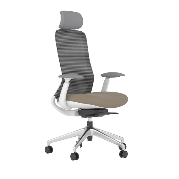 Navodesk NIO Ergonomic Office Chair, 4D Adjustable Armrests, Detachable Headrest, Mesh Back & Fabric Seat, Stainless Steel Base – Beige‑Grey