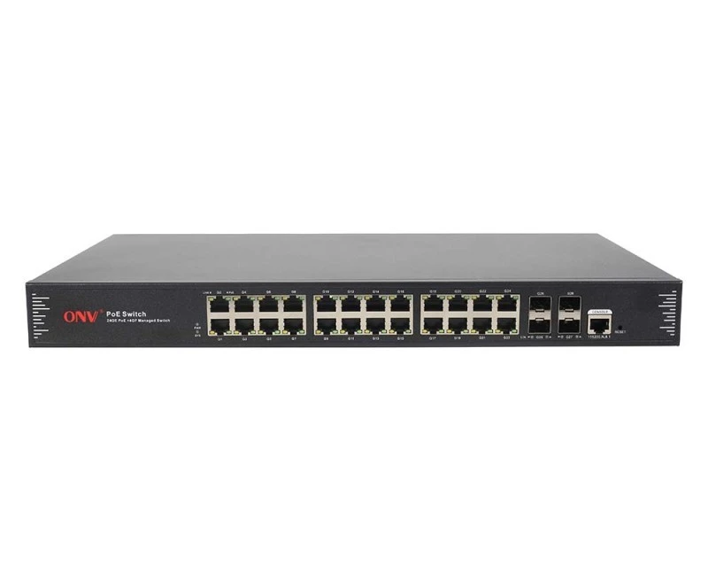 ONV Gigabit 28-port  L2+ managed PoE switch with 24*10/100/1000M RJ45 ports and 4*100/1000M uplink SFP fiber ports. Port 1-24, 400W power supply | POE33028PFM