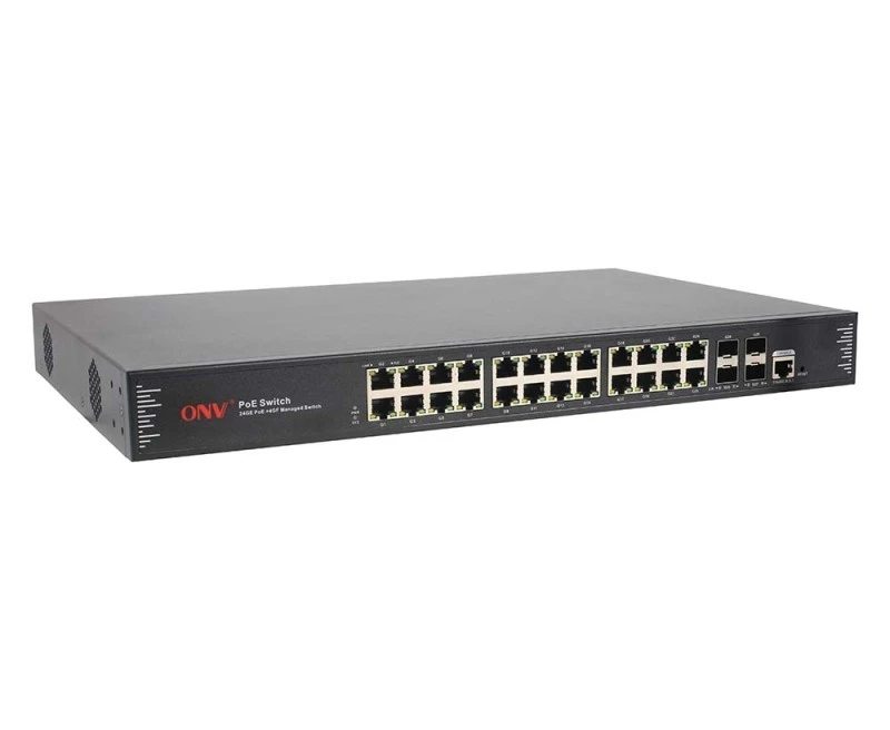 ONV Gigabit 28-port  L2+ managed PoE switch with 24*10/100/1000M RJ45 ports and 4*100/1000M uplink SFP fiber ports. Port 1-24, 400W power supply | POE33028PFM