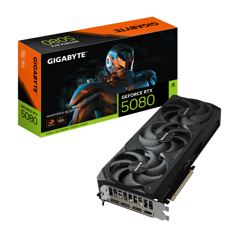 GIGABYTE GeForce RTX 5080 WINDFORCE OC SFF 16GB GDDR7, 256‑bit, 2670 MHz, DLSS 4, Dual‑BIOS, SFF‑ready, PCIe 5.0 | GV‑N5080WF3OC‑16GD