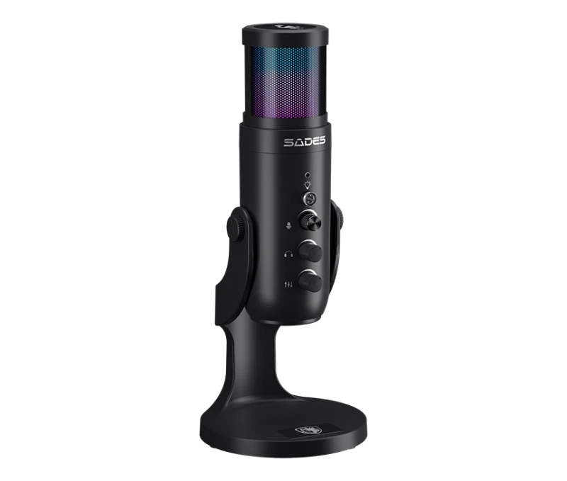 Sades OTUS Gaming Microphone, Black, USB Condenser, Cardioid, RGB, Mute Button, Crystal-Clear Audio, 70Hz - 20KHz, Real-Time Noise Reduction