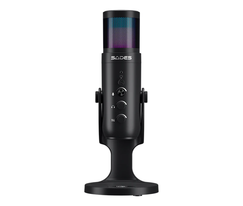 Sades OTUS Gaming Microphone, Black, USB Condenser, Cardioid, RGB, Mute Button, Crystal-Clear Audio, 70Hz - 20KHz, Real-Time Noise Reduction