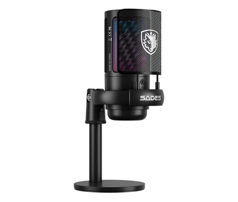 Sades TYTO Gaming Microphone – Black, USB Condenser, Cardioid, RGB, Boom Arm