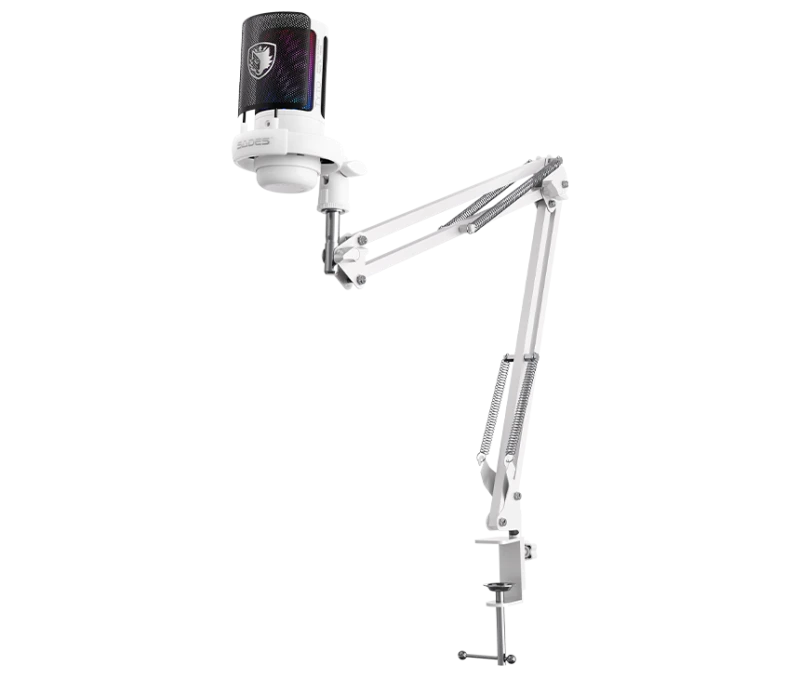 Sades TYTO Gaming Microphone – White, USB Condenser, Cardioid, RGB, Mute Button, Boom Arm Included