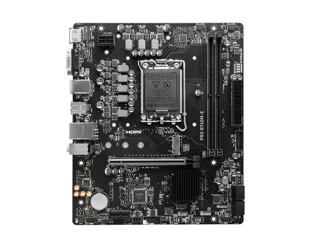 MSI PRO B760M-E Motherboard, Intel LGA1700, B760 Chipset, DDR5 96GB, 1× M.2, 4× SATA 6G, Micro-ATX, 911-7D48-039