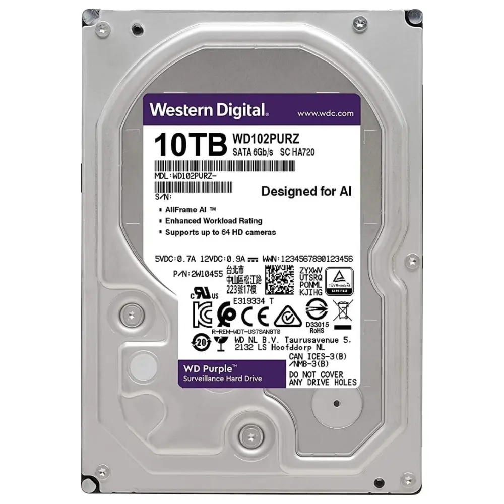 Western Digital Purple 10TB Surveillance HDD, 7200 RPM, SATA 6 Gb/s, 3.5", 265MB Cache