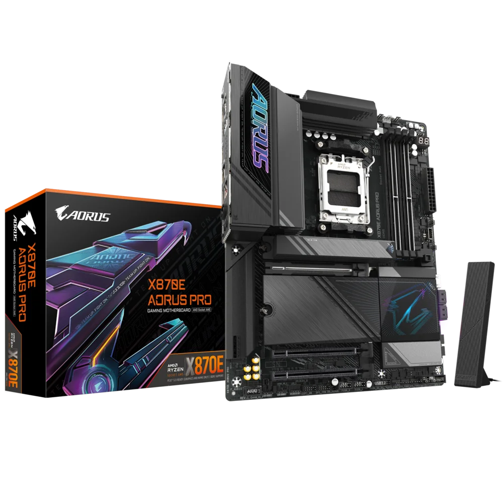 Gigabyte X870E AORUS PRO Motherboard, AMD AM5, DDR5, 4× M.2 PCIe 5.0, Dual USB-C 40Gbps, Wi-Fi 7, 2.5Gb Ethernet, ATX