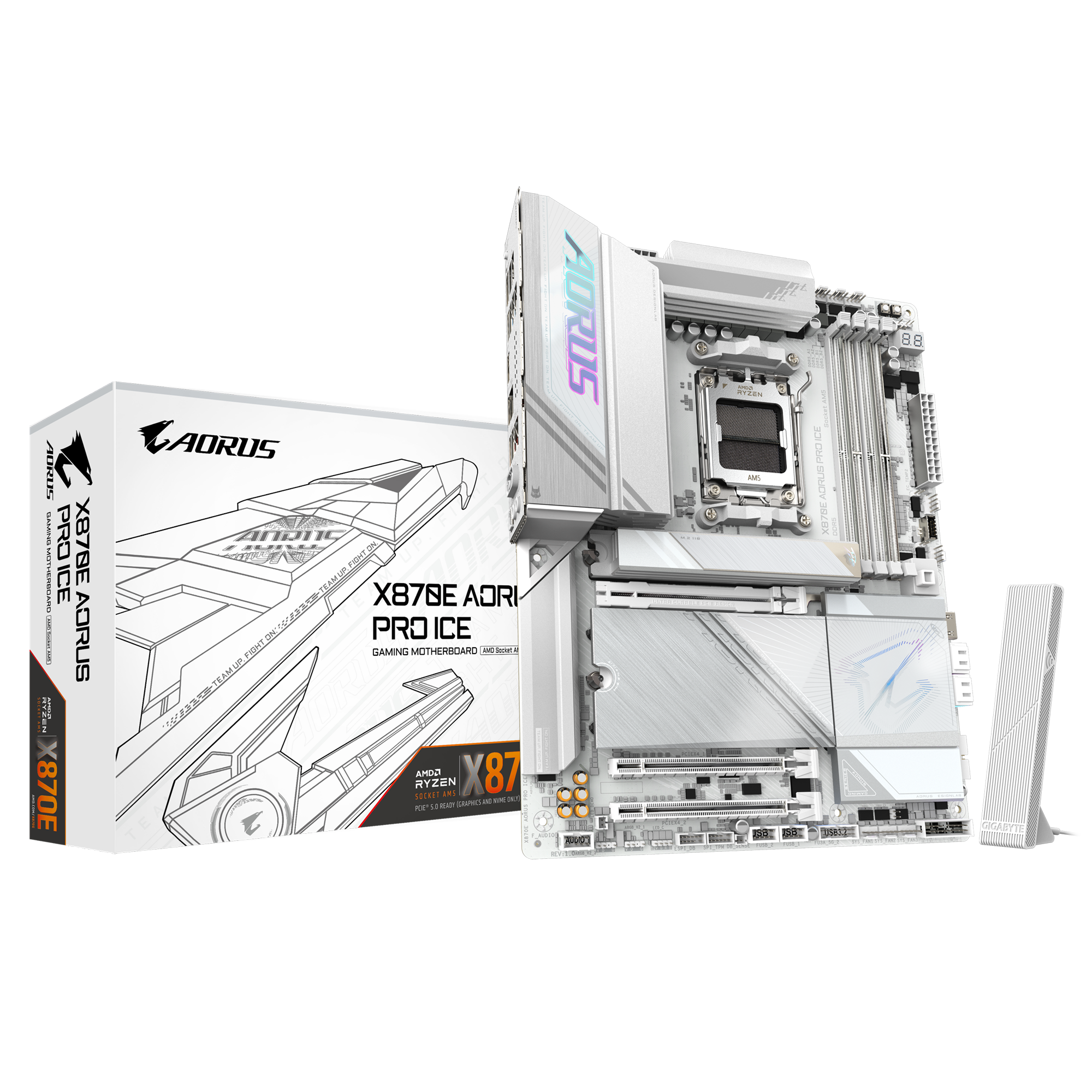 Gigabyte X870E AORUS PRO ICE White Motherboard, AMD AM5, DDR5, PCIe 5.0 x4, 4× M.2, Wi-Fi 7, USB4, 2.5Gb Ethernet, ATX