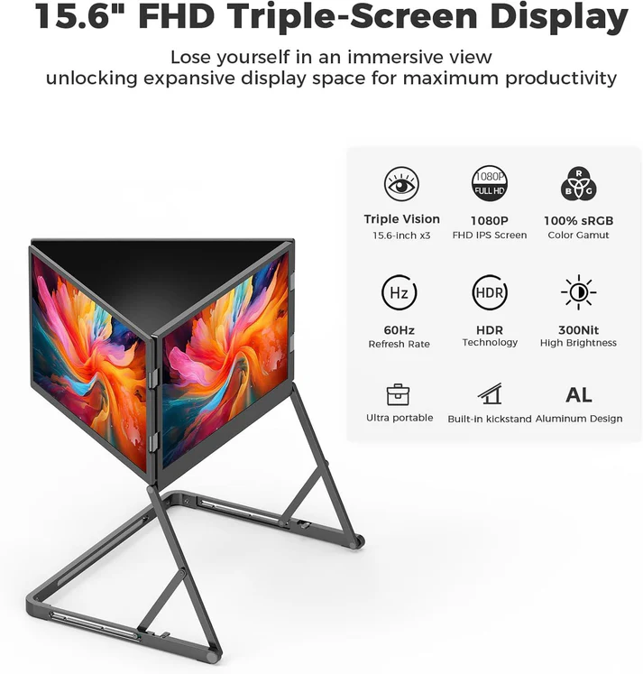 V2COM Q1 16" FHD IPS Quad-Screen Portable Monitor, 360° Rotation, 60Hz, Single-Cable Multi-Screen, Plug-and-Play Windows/macOS/Android/PS5/Xbox | V2COM Q1