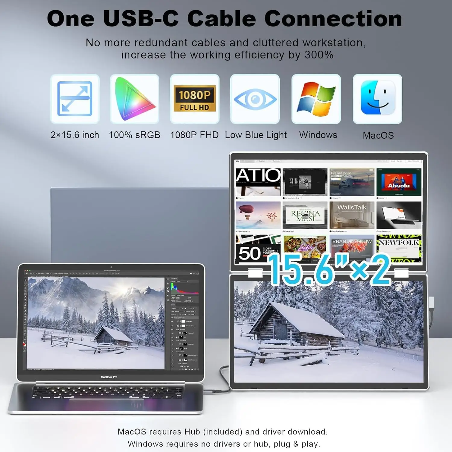 V2com M2 Folding Portable Monitor for Laptop, 15.6" Inch IPS FHD Display, Dual-Screen Modes & Plug-and-Play Compatibility for Windows, macOS, Android, PS5, Xbox | M2