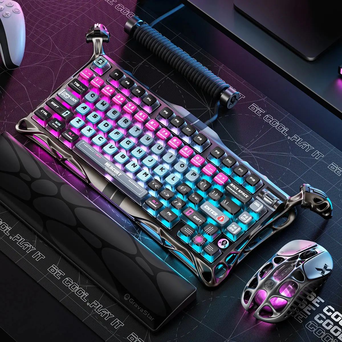 GravaStar Mercury V75 Pro Gaming Keyboard, 75% Layout, Cyberpunk Edition, Jade Hall Effect Switches, 8kHz Polling, RGB Backlight, Wired / BT / 2.4GHz -  Cyberpunk  Edition