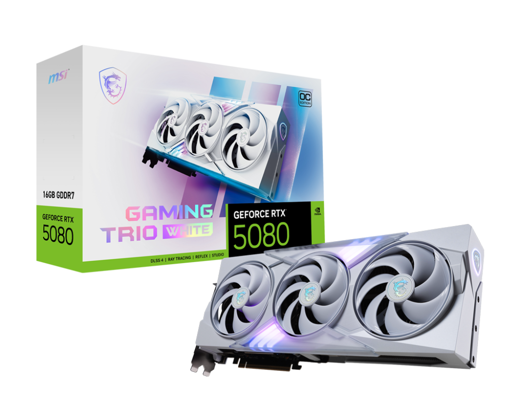 MSI NVIDIA GeForce RTX 5080 16G GAMING TRIO OC White Graphic card, DLSS4, 16GB GDDR7, 10752 CUDA CORES Units, 30 Gbps, 256-bit, 2715 MHz Extreme Clocks, Dual BIOS | 912-V531-048