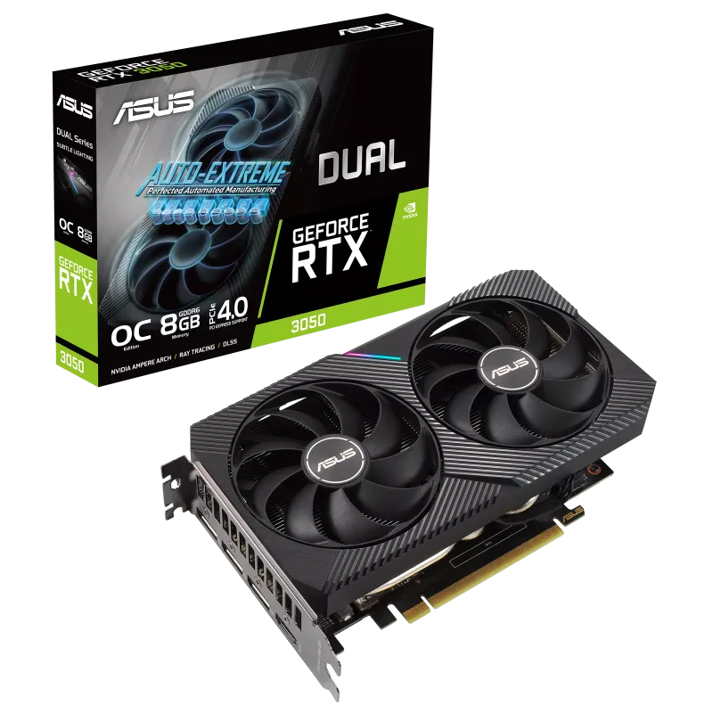 ASUS Dual GeForce NVIDIA RTX 3050 OC Edition 6GB GDDR6 Graphic Card, 96-bit 14 Gbps, 2304 CUDA Core, 1537 MHz Max Boost, Max Resolution 7680 x 4320, 2nd Generation RT Cores, 2 Year Warranty, Black | 90YV0K60-M0NA00