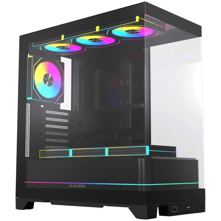 Acegeek RGB Midtower Black Gaming Case, 7x Pre-installed RGB Fans, 3 Sided View, E-ATX/ATX/M-ATX/ITX Motherboard Support, 360mm AIO Radiator Support, 420mm Max GPU