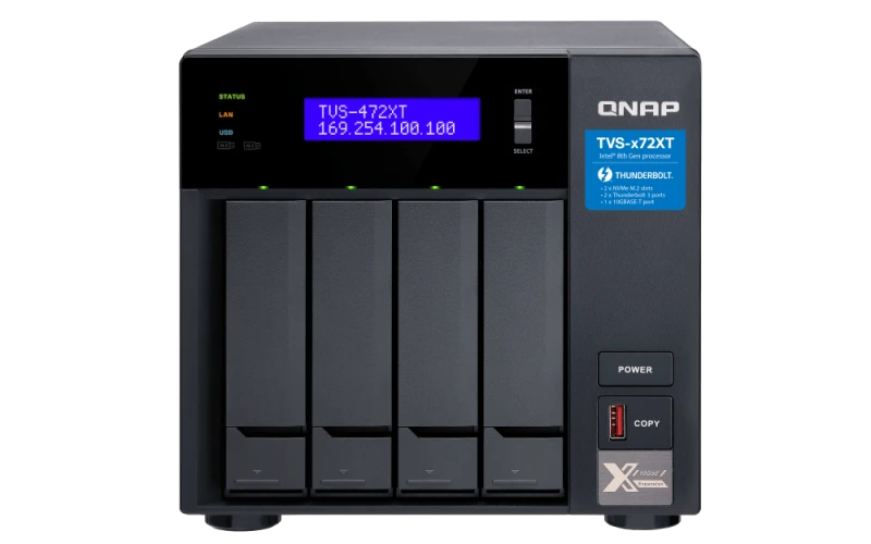 QNAP 4 Bay Thunderbolt NAS Enclosure - Intel Pentium G5400T Dual-Core 3.1 GHz, With 4GB RAM, 10GbE, Gigabit Ethernet, M.2 PCIe NVMe SSD Slots, Up to 1158 MB/s File Transfer Speeds, Black | TVS-472XT