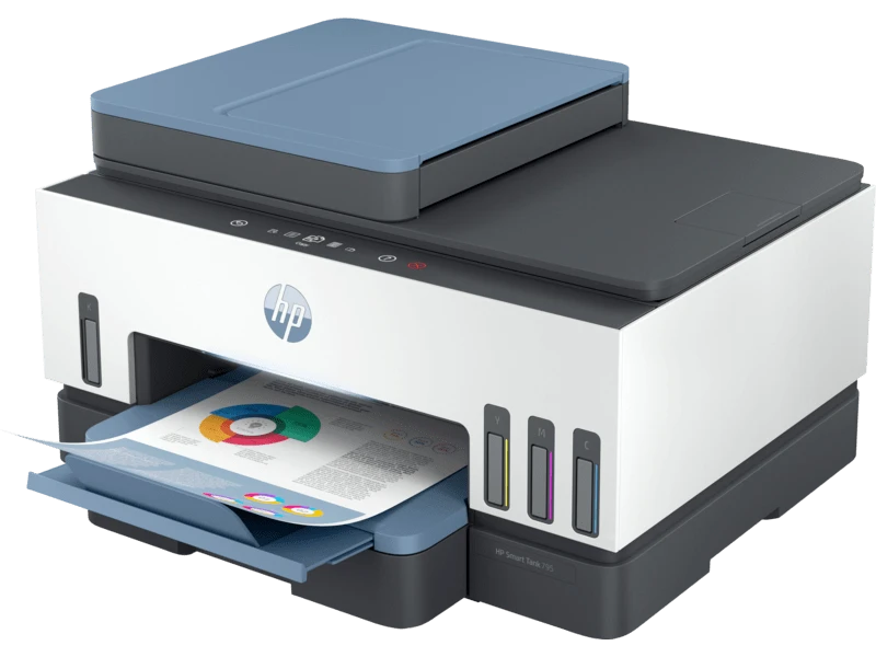HP Smart Tank 795 All‑in‑One Printer – A4 Print‑Copy‑Scan‑Fax, ADF, Auto‑Duplex, Dual‑Band Wi‑Fi, Refillable Ink, White/Blue