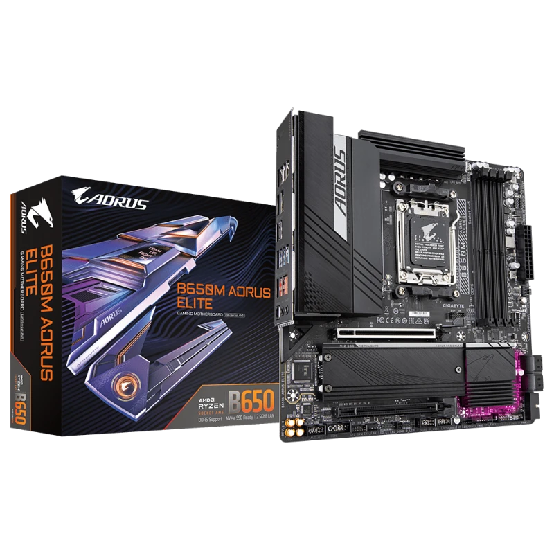 Gigabyte B650M AORUS ELITE Motherboard, AMD AM5 Socket, DDR5 192GB, PCIe 4.0, 2x M.2, USB 3.2 Gen 2, Micro-ATX, AMD B650 Chipset