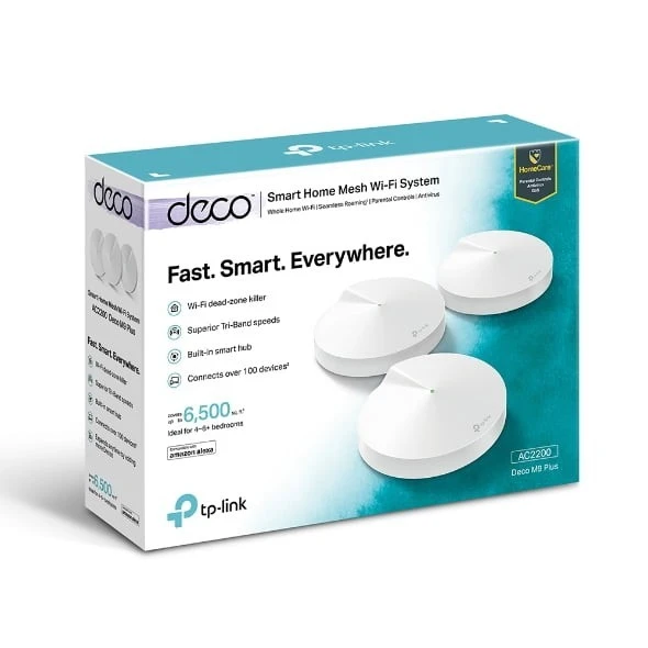 TP‑Link Deco M9 Plus AC2200 Tri‑Band Mesh Wi‑Fi System – Smart Hub, 3‑Pack, 6500 sq ft, Zigbee/Bluetooth IoT, HomeCare, QoS, Parental Controls