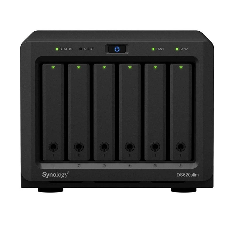 Synology DiskStation DS620 slim 6-Bay NAS Enclosure -Intel Celeron J3355, 2GB of DDR3L RAM, 2 x USB 3.0 Type-A Ports, Read Speeds up to 226 MB/s, 2 x Gigabit Ethernet Ports, Black | DS620SLIM
